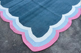 Modern Handmade Cotton Area Flat Weave Rug, Natural Vegetable Dyed, Blue & Pink Scalloped Edge Indian Dhurrie, Kilim Striped, Wall Tapestry