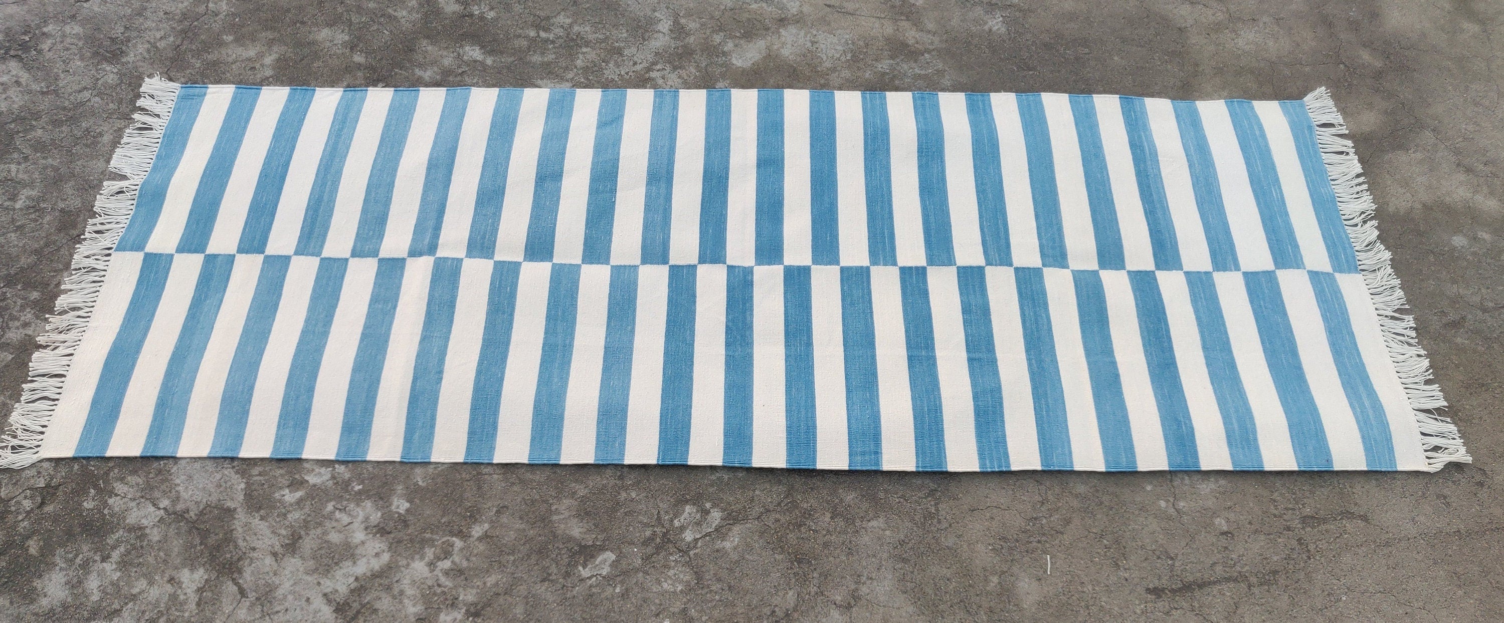 Modern Handmade Cotton Flat Weave  Blue And White Striped Runner