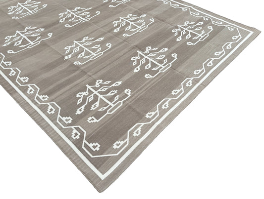 Modern Handmade Cotton Area Rug, Beige And White Flower Indian Dhurrie