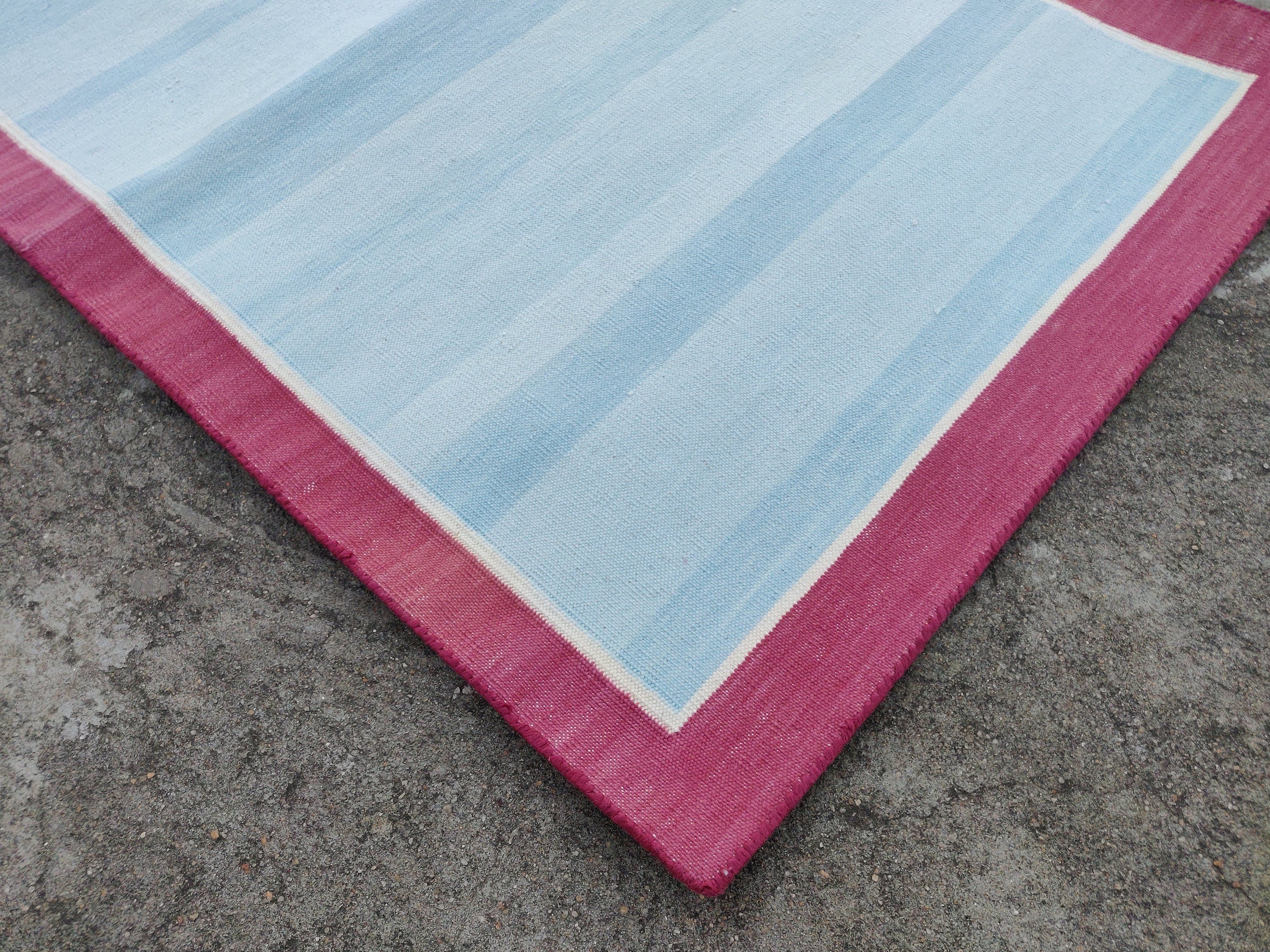 Modern Handmade Cotton Area Flat Weave Rug, Natural Vegetable Dyed, Blue & Pink Solid Bordered Indian Dhurrie, Kilim Striped, Wall Tapestry