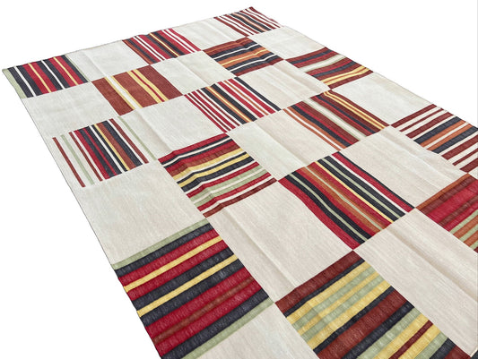 Modern Handmade Cotton Area Flat Weave Rug, Natural Vegetable Dyed, Beige & Red Tile Pattern Stripe Indian Dhurrie, Kilim Rug, Wall Tapestry