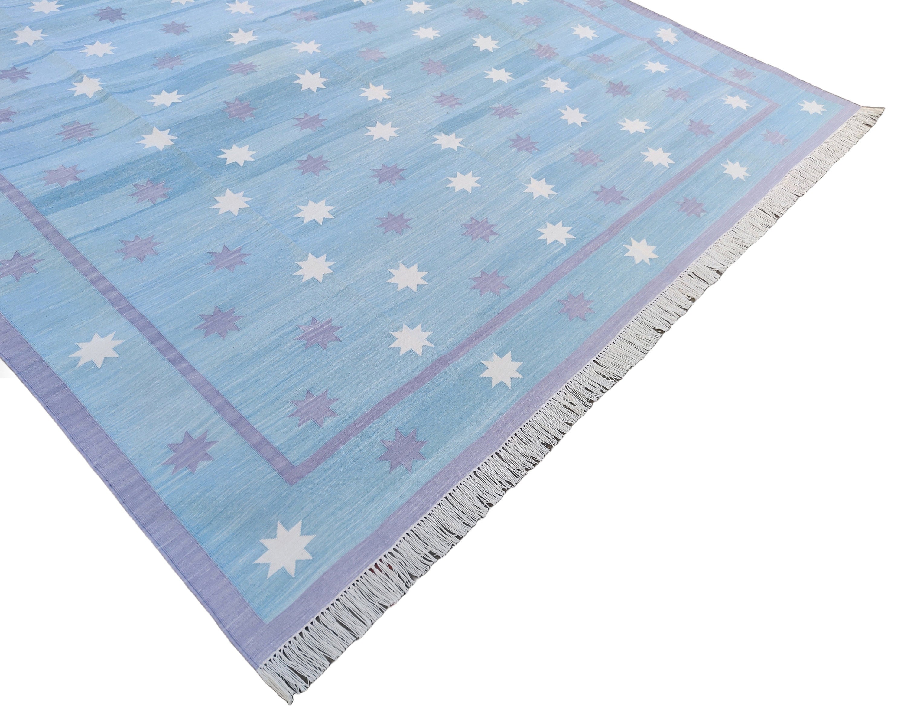 Modern Handmade Cotton Area Flat Weave Rug, Blue & Lavender Star Dhurrie-6476