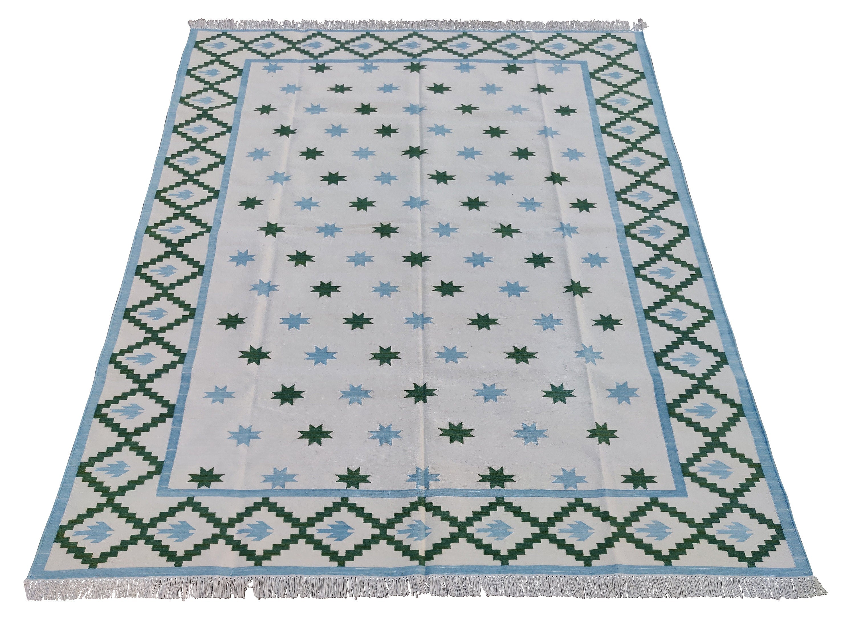 Modern Handmade Cotton Sky Blue And Green Geometric Star Rug-6065