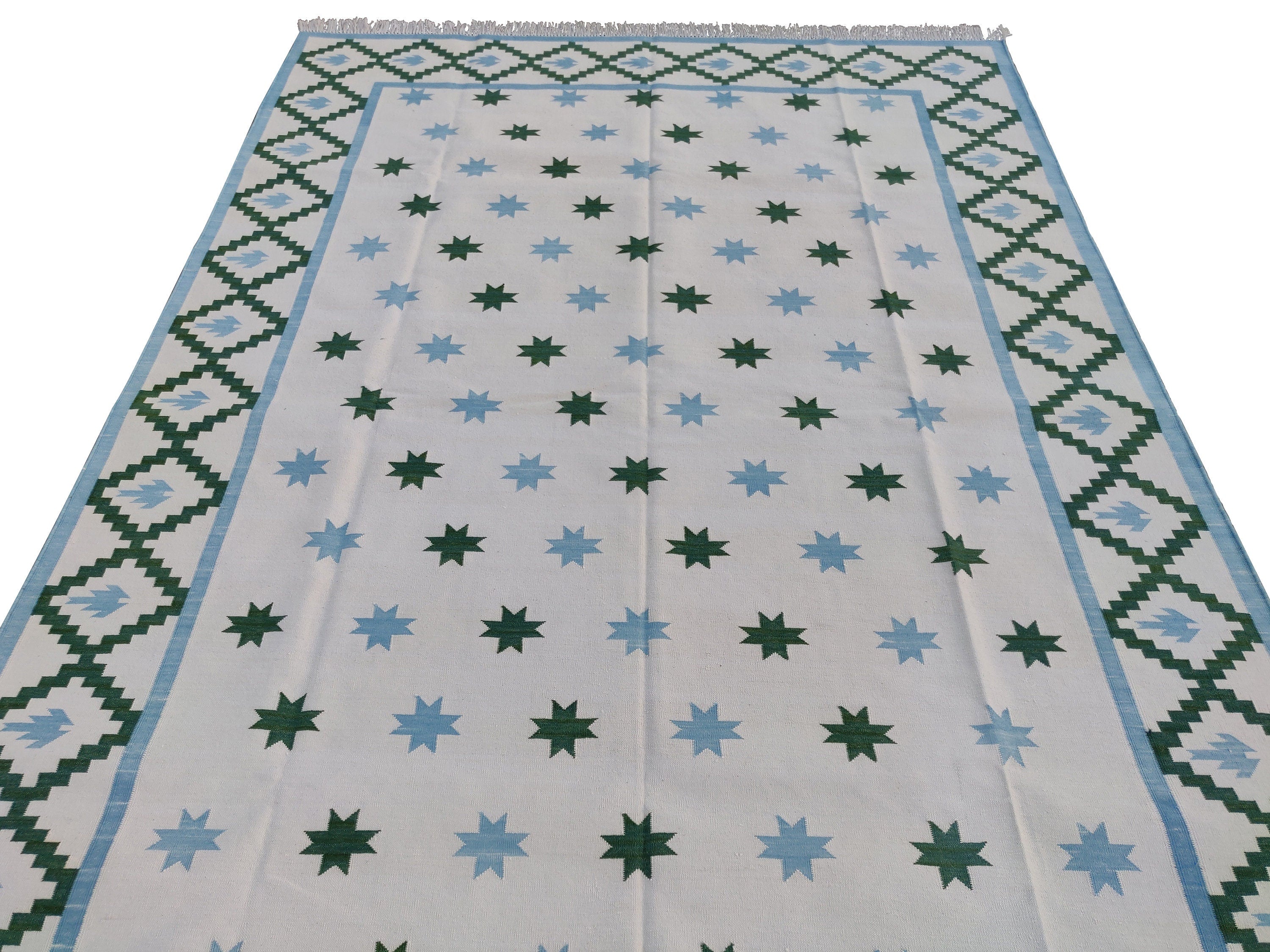 Modern Handmade Cotton Sky Blue And Green Geometric Star Rug-6065