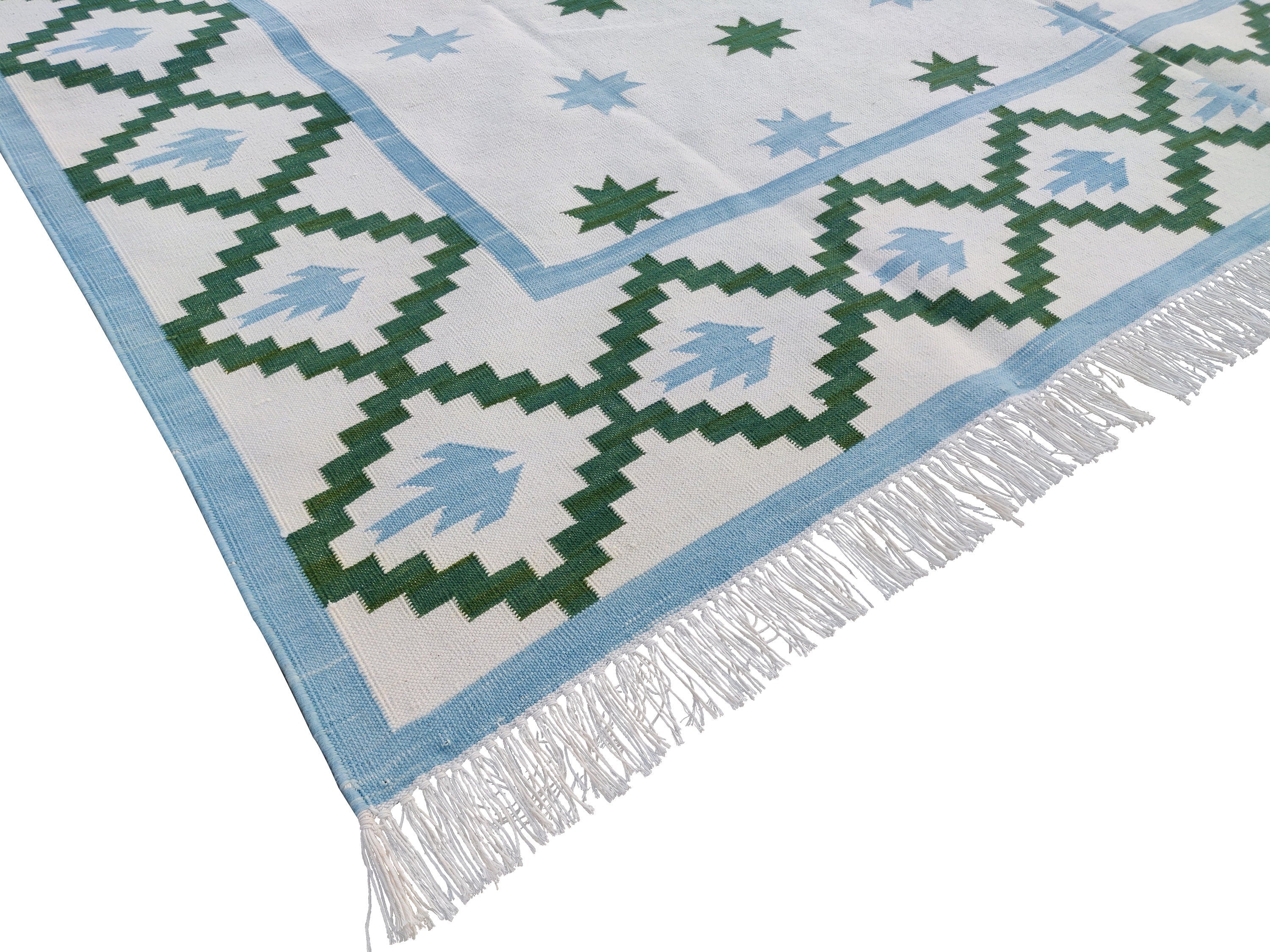 Modern Handmade Cotton Sky Blue And Green Geometric Star Rug-6065