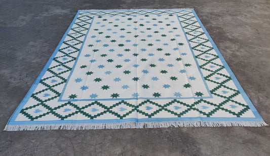 Natural Vegetable Dyed, 8x10 Cream And Green Star Pattern Indian Dhurrie