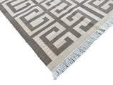 Modern Handmade Cotton Area Flat Weave Rug, Natural Vegetable Dyed, Beige & Brown Tile Pattern Indian Dhurrie, Kilim Striped, Wall Tapestry