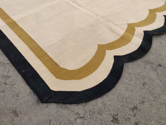 Modern Handmade Cotton Area Flat Weave Rug, Natural Vegetable Dyed, Beige, Black Scalloped Edge Indian Dhurrie, Kilim Striped, Wall Tapestry