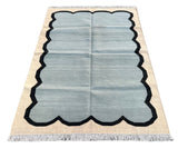 Modern Handmade Cotton Area Flat Weave Rug, Natural Vegetable Dyed, Blue & Beige Scalloped Indian Dhurrie, Kilim Striped Rug, Wall Tapestry