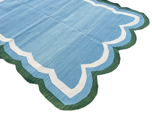 Modern Handmade Cotton Area Flat Weave Rug, Natural Vegetable Dyed, Blue & Green Scalloped Indian Dhurrie, Kilim Striped Rug, Wall Tapestry