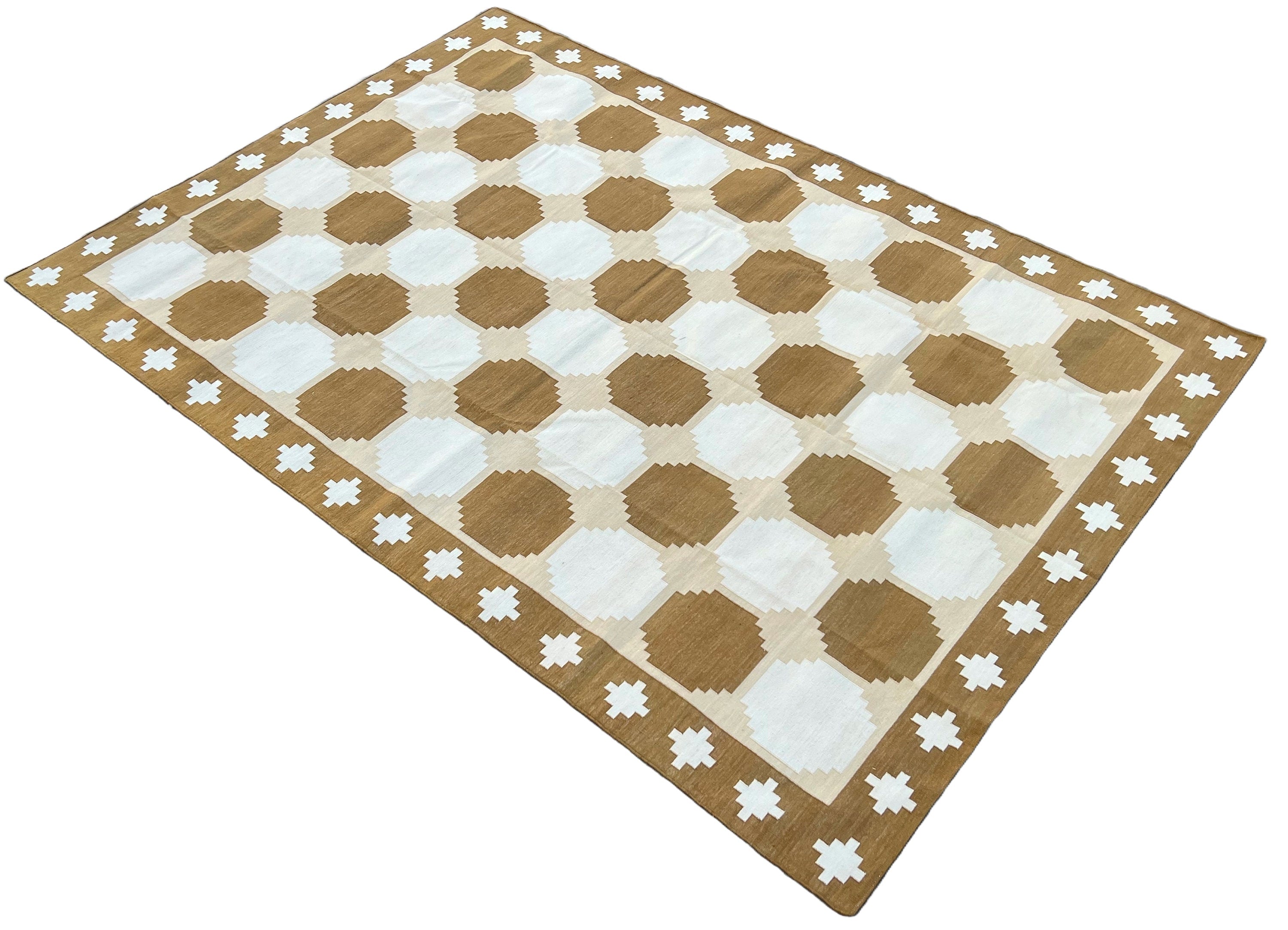 Modern Handmade Cotton Tan And White Geometric Tile Star Rug-6519