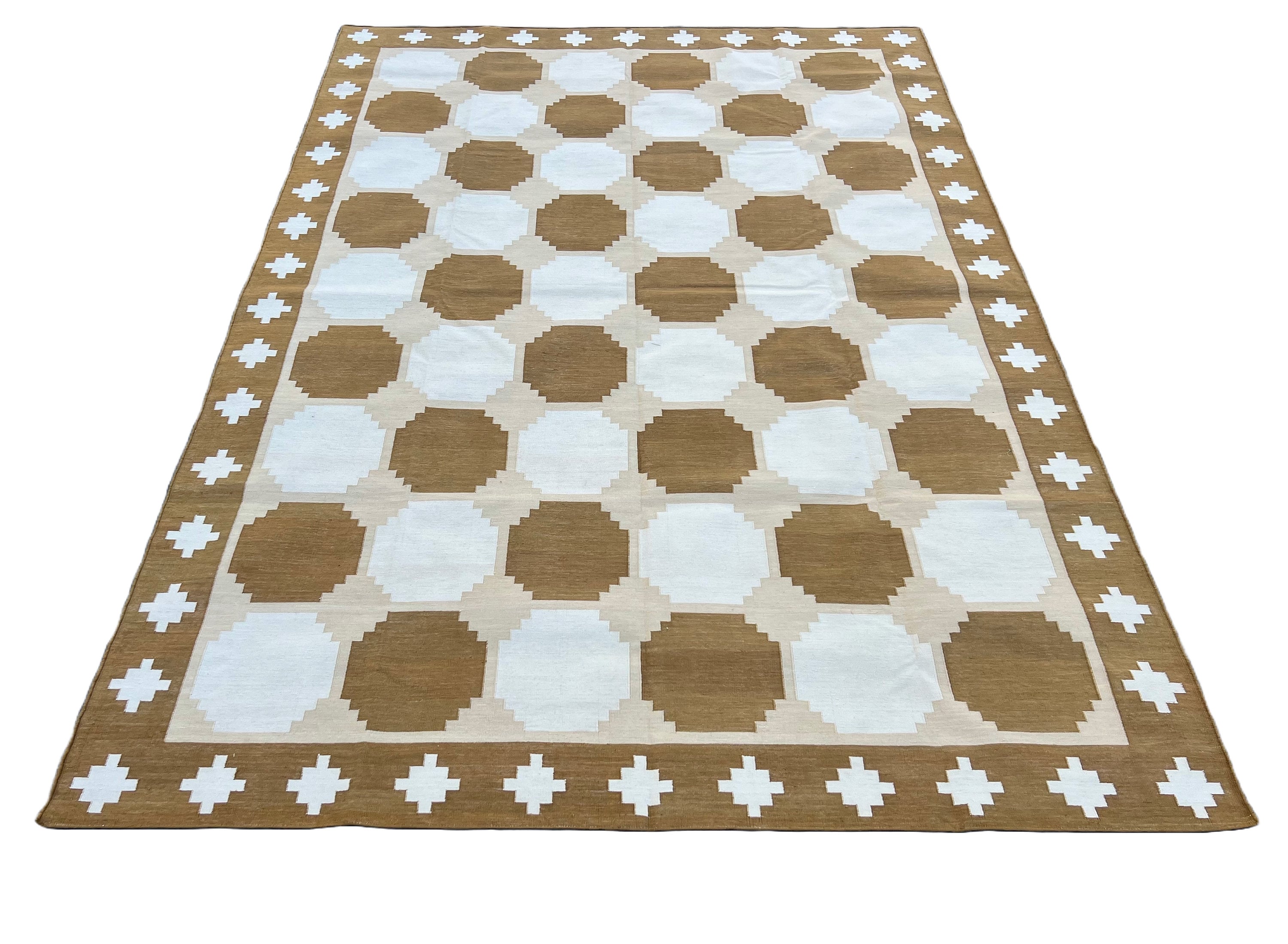 Modern Handmade Cotton Tan And White Geometric Tile Star Rug-6519