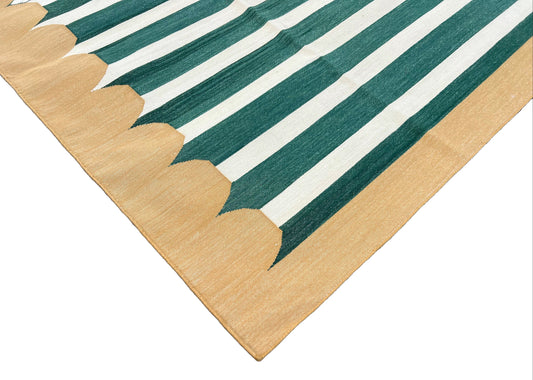 Modern Handmade Cotton Green And Mustard Striped Rug-6521