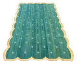 Modern Handmade Cotton Green And Yellow Scalloped Diamond Rug