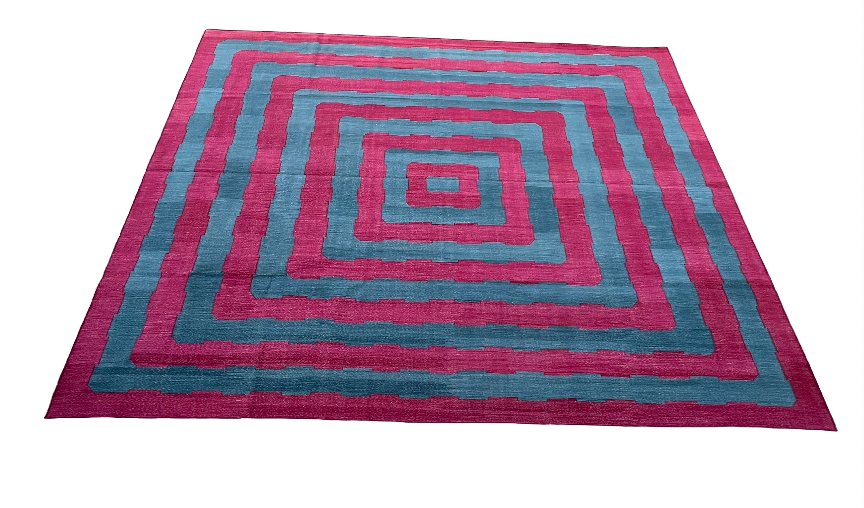 Modern Handmade Cotton Blue and Pink Flat Weave Striped Rug-6524
