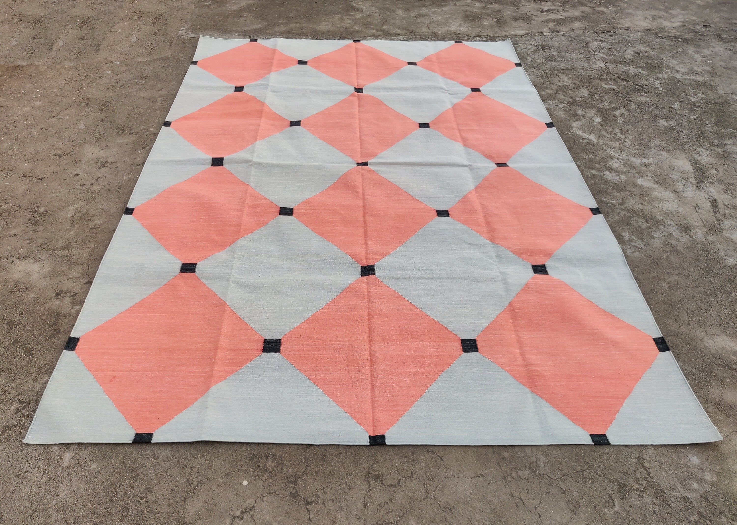 Modern Handmade Cotton Checked Rug